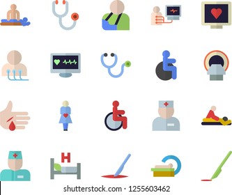 Color flat icon set computer diagnostics of health flat vector, disabled, physician, stethoscope, hospital bed, massage, injury, tomograph, gestation, scalpel