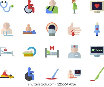 Color flat icon set computer diagnostics of health flat vector, disabled, physician, stethoscope, hospital bed, massage, injury, tomograph, gestation, scalpel