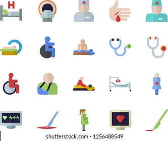 Color flat icon set computer diagnostics of health flat vector, disabled, physician, stethoscope, hospital bed, massage, injury, tomograph, gestation, scalpel