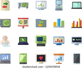 Color flat icon set computer diagnostics of health flat vector, chart, statistic, laptop, oscilloscope, cash dispenser fector, file sharing, mobile