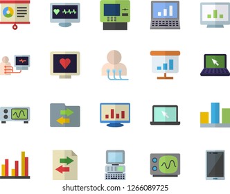 Color flat icon set computer diagnostics of health flat vector, chart, statistic, laptop, oscilloscope, cash dispenser fector, file sharing, mobile