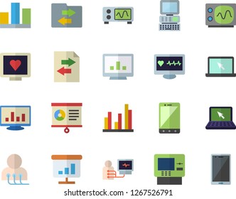 Color flat icon set computer diagnostics of health flat vector, chart, statistic, laptop, oscilloscope, cash dispenser fector, file sharing, mobile