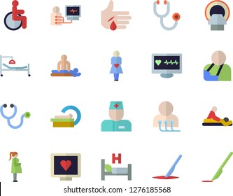 Color flat icon set computer diagnostics of health flat vector, disabled, physician, stethoscope, hospital bed, massage, injury, tomograph, gestation, scalpel