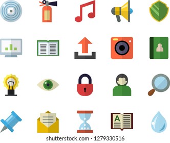 Color flat icon set computer chart flat vector, security fector, upload, hourglass, drawing pin, fire extinguisher, mouthpiece, magnifier, message, user, lock, eye, lamp, book, camera, notebook