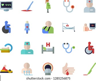 Color flat icon set computer diagnostics of health flat vector, disabled, physician, stethoscope, hospital bed, massage, injury, tomograph, gestation, scalpel