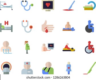 Color flat icon set computer diagnostics of health flat vector, disabled, physician, stethoscope, hospital bed, massage, injury, tomograph, gestation, scalpel