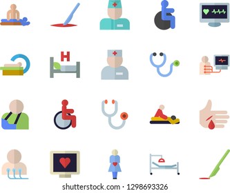 Color flat icon set computer diagnostics of health flat vector, disabled, physician, stethoscope, hospital bed, massage, injury, tomograph, gestation, scalpel