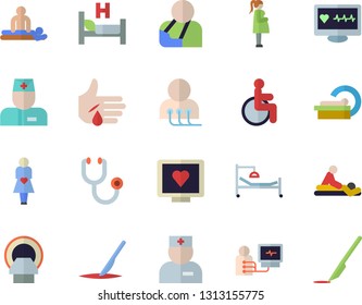 Color flat icon set computer diagnostics of health flat vector, disabled, physician, stethoscope, hospital bed, massage, injury, tomograph, gestation, scalpel