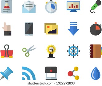 Color flat icon set computer chart flat vector, share, gallery, scissors, broadcast, download, badge, stamp, binder clip, drawing pin, steering wheel, message, microphone, mobile, indicate, lamp