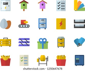 Color flat icon set concrete mixer flat vector, tool bag, color scheme, switch box, egg, French fries, nesting, conveyor, present, to do list, paper tray, archive, boxing gloves, safe fector