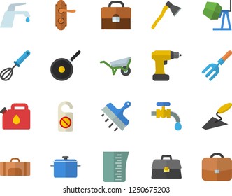 Color flat icon set concrete mixer flat vector, trowel, wheelbarrow, drill screwdriver, door lock, putty knife, ax, faucet, saucepan, teflon, meashuring cup, whisk, pitchfork, water tap, canister