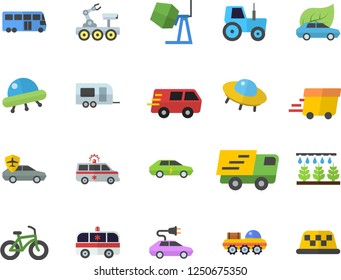 Color flat icon set concrete mixer flat vector, tractor, sprinkling machine, eco cars, electric, autopilot, trucking, express delivery, ambulance, lunar rover, ufo, bicycle, trailer fector, bus