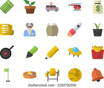 Color flat icon set concrete mixer flat vector, teflon, flour, pancakes, French fries, home plant, rocket, marker, wealth, ambulance, helicopter, document, pencil, moon, scientist, ufo, sports flag