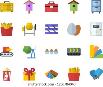 Color flat icon set concrete mixer flat vector, tool bag, color scheme, switch box, egg, French fries, popcorn, nesting, conveyor, present, paper tray, archive, boxing gloves