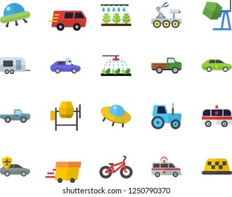 Color flat icon set concrete mixer flat vector, pickup truck, tractor, sprinkling machine, electric cars, autopilot, trucking, express delivery, ambulance, lunar rover, ufo, bicycle, trailer fector