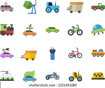 Color flat icon set concrete mixer flat vector, pickup truck, tractor, sprinkling machine, eco cars, electric, express delivery, ambulance, lunar rover, ufo, bicycle, train fector, airport tower
