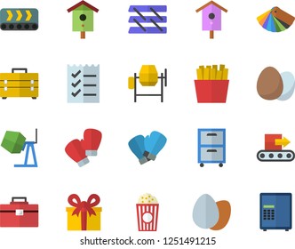 Color flat icon set concrete mixer flat vector, tool bag, color scheme, egg, French fries, popcorn, nesting box, conveyor, present, to do list, paper tray, archive, boxing gloves, safe fector