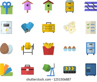 Color flat icon set concrete mixer flat vector, tool bag, color scheme, switch box, egg, French fries, popcorn, nesting, conveyor, present, to do list, paper tray, archive, boxing gloves