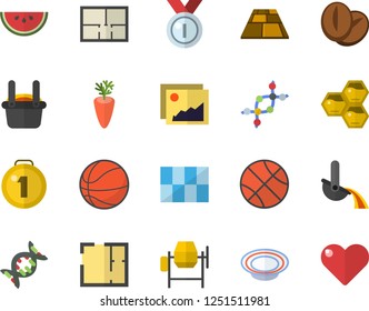Color flat icon set concrete mixer flat vector, house layout, tile, flooring, watermelon, dish, coffee beans, carrot, honeycomb, metallurgy, dna, medal, basketball, gallery, heart