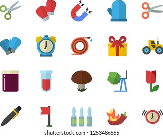 Color flat icon set concrete mixer flat vector, potholder, hot peppers, jam, mushroom, tractor, hose, tulip, present, blood test, ampoule, pen, magnet, sports flag, boxing gloves, scissors