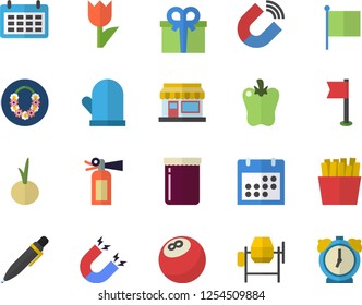 Color flat icon set concrete mixer flat vector, potholder, onion, bell pepper, French fries, jam, grain warehouse, tulip, magnet, flag, calendar, present, pen, bowling ball, sports, alarm clock