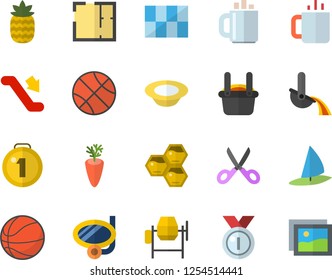 Color flat icon set concrete mixer flat vector, house layout, tile, scissors, dish, carrot, tea, pineapple, honeycomb, metallurgy, coffee, medal, basketball, escalator fector, swimming mask, gallery