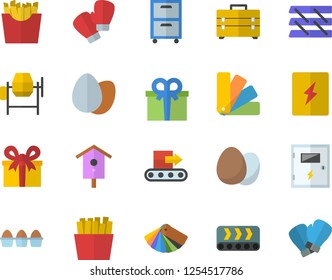 Color flat icon set concrete mixer flat vector, tool bag, color scheme, switch box, egg, French fries, nesting, conveyor, present, paper tray, archive, boxing gloves