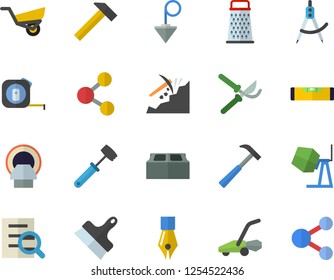 Color flat icon set concrete mixer flat vector, tape measure, level meter, putty knife, construction plummet, brick, hammer, meat, grater, secateurs, garden wheelbarrow, lawn mower, dividers, mining