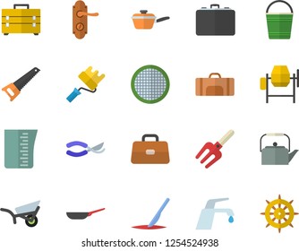 Color flat icon set concrete mixer flat vector, saw, tool bag, paint roller, door lock, faucet, frying pan, saute, meashuring cup, teapot, sieve, pitchfork, secateurs, bucketful, garden wheelbarrow