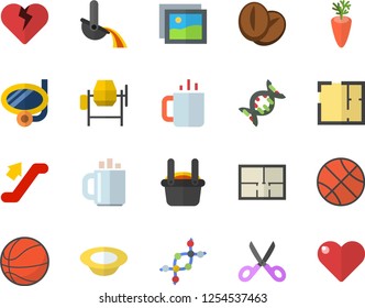 Color flat icon set concrete mixer flat vector, house layout, scissors, dish, coffee beans, carrot, tea, metallurgy, dna, basketball, escalator fector, swimming mask, gallery, heart