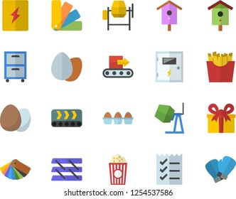 Color flat icon set concrete mixer flat vector, color scheme, switch box, egg, French fries, popcorn, nesting, conveyor, present, to do list, paper tray, archive, boxing gloves