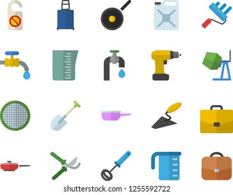 Color flat icon set concrete mixer flat vector, trowel, drill screwdriver, paint roller, frying pan, saute, teflon, meashuring cup, whisk, sieve, shovel, secateurs, water tap, canister, case