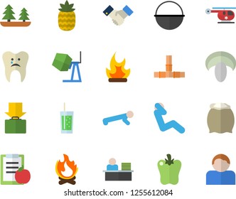 Color flat icon set concrete mixer flat vector, pipes, cauldron, flour, mushroom, bell pepper, soda, pineapple, bonfire, forest, helicopter, caries, office worker, agreement, diet, push up, user