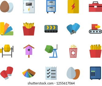 Color flat icon set concrete mixer flat vector, tool bag, color scheme, switch box, egg, French fries, popcorn, nesting, conveyor, to do list, archive, boxing gloves, safe fector