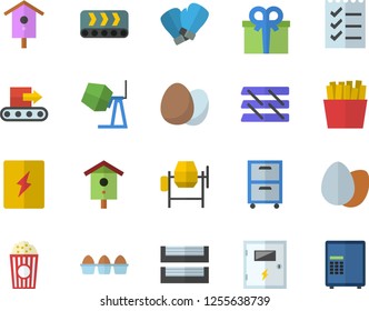 Color flat icon set concrete mixer flat vector, switch box, egg, French fries, popcorn, nesting, conveyor, present, to do list, paper tray, archive, boxing gloves, safe fector