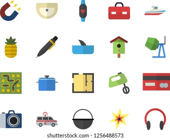 Color flat icon set concrete mixer flat vector, sink, house layout, saucepan, cauldron, pineapple, nesting box, magnet, credit card, briefcase, ambulance, pen, spark, electronic circuit, shark