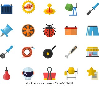 Color Flat Icon Set Concrete Mixer Flat Vector, Teflon, Kitchen Spatula, Spoon, Blender, Ladybird, Grain Warehouse, Hose, Ventilation, Accumulator, Laser, Sell Out, Astronaut Helmet Fector