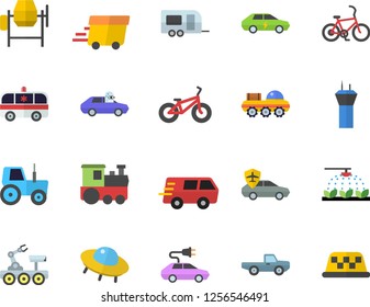 Color flat icon set concrete mixer flat vector, pickup truck, tractor, sprinkling machine, electric cars, autopilot, trucking, express delivery, ambulance, lunar rover, ufo, bicycle, train fector