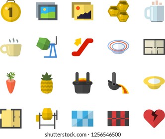 Color flat icon set concrete mixer flat vector, house layout, tile, dish, carrot, pineapple, honeycomb, metallurgy, coffee, medal, escalator fector, gallery, heart