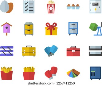 Color flat icon set concrete mixer flat vector, tool bag, color scheme, switch box, egg, French fries, popcorn, nesting, present, to do list, paper tray, archive, boxing gloves, safe fector