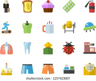 Color flat icon set concrete mixer flat vector, cake, bell pepper, tea, sandwich, ladybird, gas station, pill packaging, tooth, lungs, office worker, businessman, ufo, athletic shorts, Treadmill