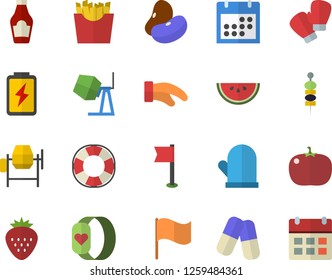 Color flat icon set concrete mixer flat vector, potholder, ketchup, legumes, watermelon, tomato, French fries, Strawberry, canape, battery, flag, pills, calendar, sports, boxing gloves