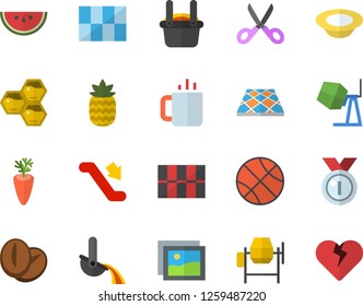 Color flat icon set concrete mixer flat vector, tile, flooring, scissors, watermelon, dish, coffee beans, carrot, tea, pineapple, honeycomb, metallurgy, medal, basketball, escalator fector, gallery