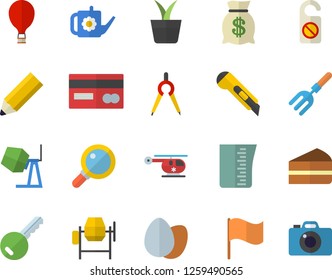 Color flat icon set concrete mixer flat vector, stationery knife, meashuring cup, egg, piece of cake, home plant, pitchfork, watering can, dividers, credit card, wealth, flag, helicopter, pencil