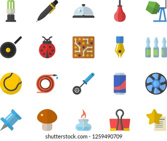 Color Flat Icon Set Concrete Mixer Flat Vector, Teflon, Kitchen Spoon, Mushroom, Lemonade, Ladybird, Hose, Ventilation, Energy Saving Lamp, Ampoule, Ink Pen, Gas Burner, Electronic Circuit