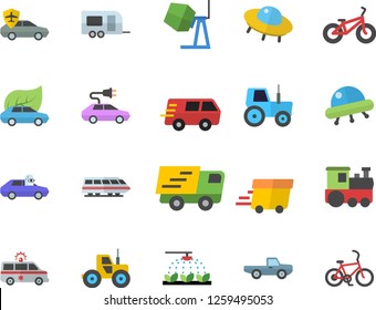 Color flat icon set concrete mixer flat vector, pickup truck, tractor, sprinkling machine, eco cars, electric, autopilot, trucking, express delivery, ambulance, ufo, bicycle, train fector, trailer