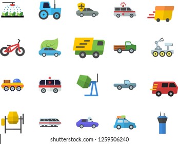 Color flat icon set concrete mixer flat vector, pickup truck, tractor, sprinkling machine, eco cars, autopilot, trucking, express delivery, ambulance, lunar rover, bicycle, train fector, car