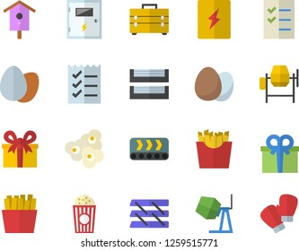 Color flat icon set concrete mixer flat vector, tool bag, switch box, egg, French fries, popcorn, nesting, conveyor, present, to do list, paper tray, boxing gloves