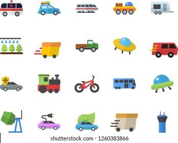 Color flat icon set concrete mixer flat vector, pickup truck, sprinkling machine, eco cars, electric, autopilot, trucking, express delivery, ambulance, lunar rover, ufo, bicycle, train fector, car