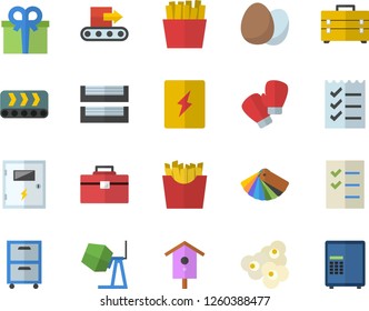 Color flat icon set concrete mixer flat vector, tool bag, color scheme, switch box, egg, French fries, popcorn, nesting, conveyor, present, to do list, paper tray, archive, boxing gloves